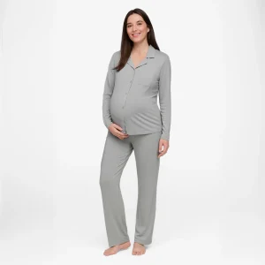 Pijama Maternal Camisero Manga Larga - Gris | Nala Maternity