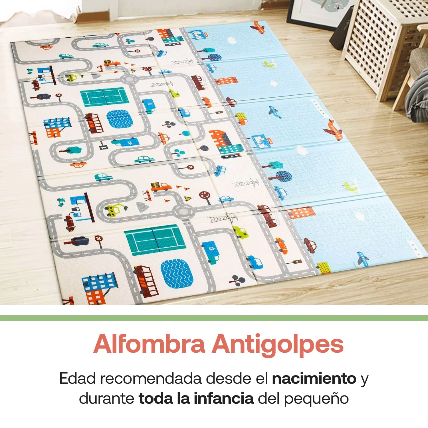 Alfombra Antigolpes Infantil Plegable con Bolso - 180x200 - Oso y Ciudad | Bebesit - Imagen 3